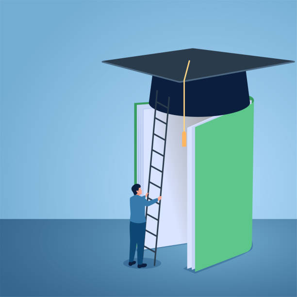 istock A man opens a book and puts a ladder to a graduation cap on it, illustration for knowledge. 2152728251