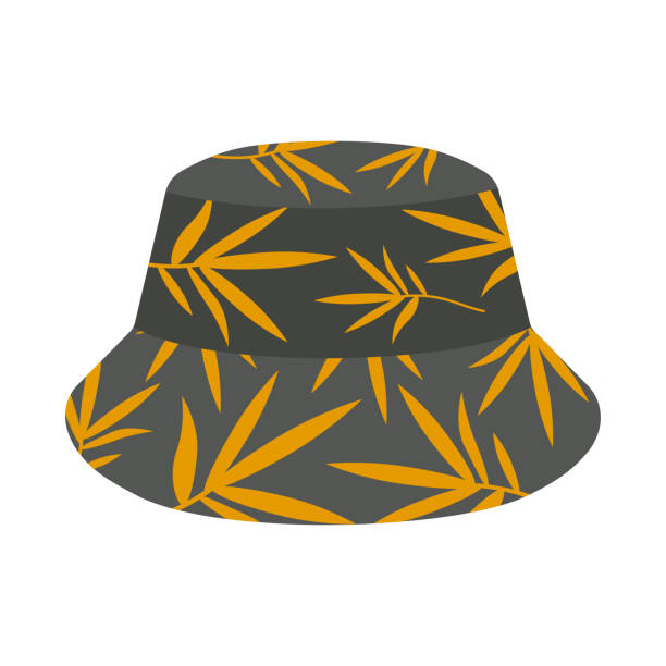 Summer Panama hat gray with orange leaves. Sun protection, beach accessory. Isolated vector illustration for your design Summer Panama hat gray with orange leaves. Sun protection, beach accessory. Isolated vector illustration for your design. Vector illustration bucket hat stock illustrations
