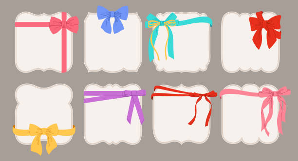istock Price tags with colorful bow gift ribbon set blank cardboard vintage labels tapes different shapes 2152729403