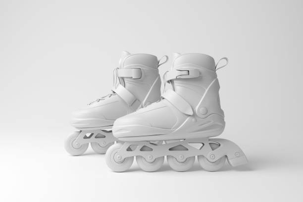 istock White rollerblade inline skates on white background in monochrome and minimalism. Illustration of the concept of roller skating, sports and product mockup 2152731373