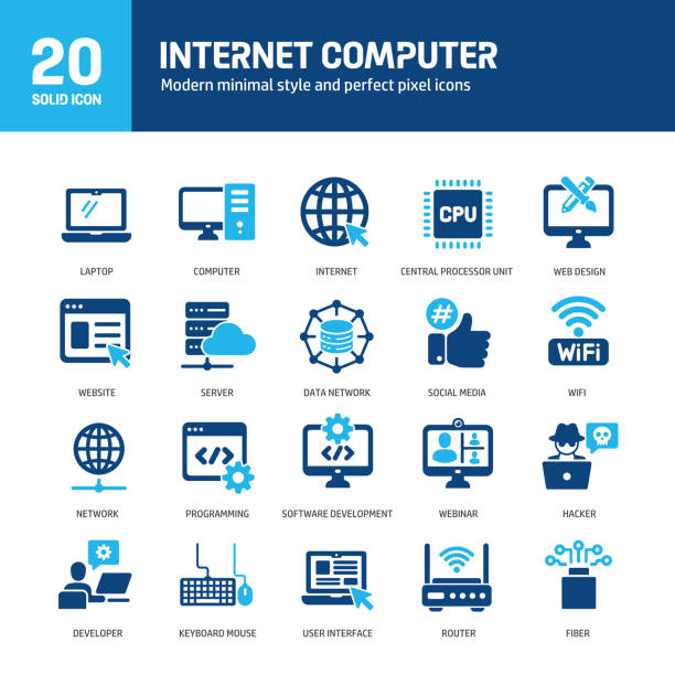 ilustrações de stock, clip art, desenhos animados e ícones de internet computer glyph solid icons. containing computer, software, internet, it support solid icons collection. vector illustration. for website design, logo, app, template, ui, etc. - internet