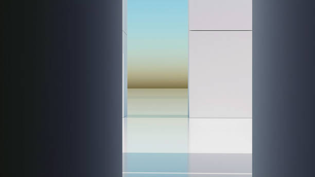 istock 3d render of abstract art with surreal minimalistic style white interior with white plane concrete walls based on geometry rectangles blocks shapes with blue sky gradient on the back 2152757529