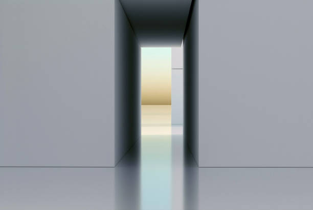 3d render of abstract art with surreal minimalistic style white interior with white plane concrete walls based on geometry rectangles blocks shapes with blue sky gradient on the back