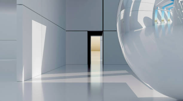 istock 3d render of abstract art with surreal metal silver ball sphere with mirror effect inside of minimalistic white interior based on geometry figures as cylinders cubes in rectangles and square shapes 2152757571