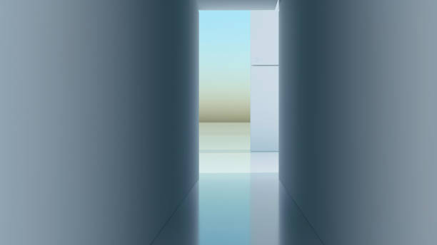 istock 3d render of abstract art with surreal minimalistic style white interior with white plane concrete walls based on geometry rectangles blocks shapes with blue sky gradient on the back 2152757590