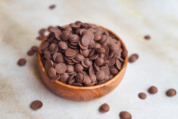 istock Dark chocolate chips in a wooden bowl 2152763626