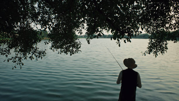 Single female birdwatcher is sitting above forest lake and watching through binoculars