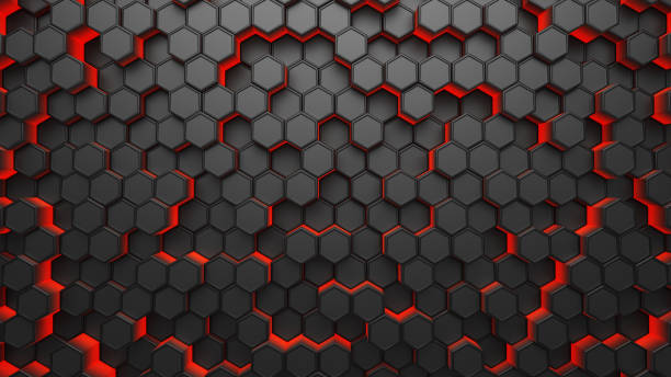 Futuristic black digital technological background with hexagon cells and red glowing neon light