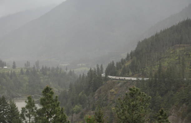 Fraser Canyon, Canada - April 28, 2024: Canadian National freight train winds above the Fraser River through the Coast Mountain Range. Spring morning with rain.