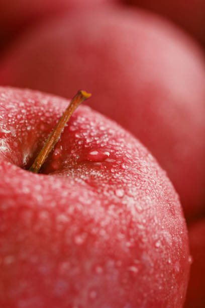 Ripe fruit of a Red apple in close-up with dew drops. Juicy fruit In full screen