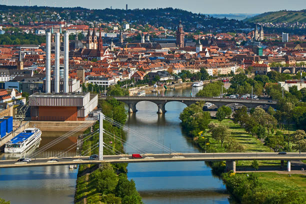 Wuerzburg, Germany - May 12, 2024: City center of Würzburg on the river Main seen from the vineyard.