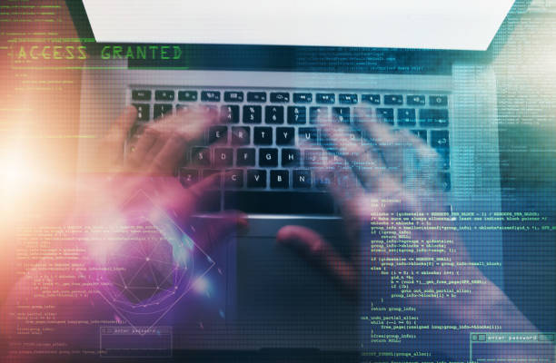 istock Hands, holographic and man with laptop, hacker and coding with internet, system and keyboard. Person, programmer and guy with computer, overlay and cyber security with access and software update 2152782840