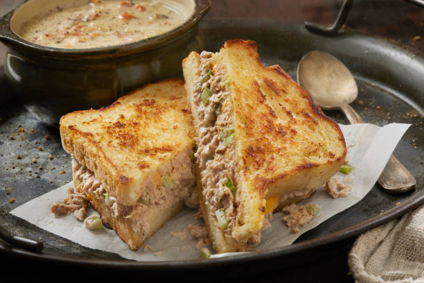 istock Tuna Melt Grilled Cheese Sandwich with Clam Chowder 2152784756