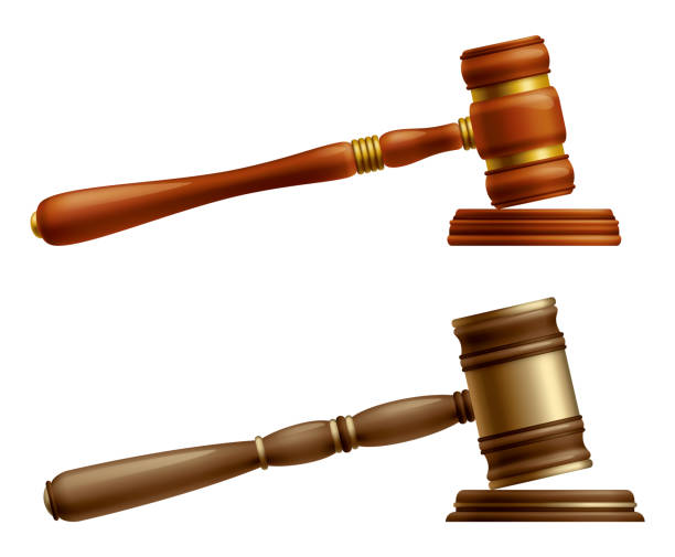 istock Wooden brown judge gavel, decision glossy mallet for court verdict. 3d realistic vector, isolated on white background. Auction hammer with gold on the stand. Law and justice system symbol 2152788232
