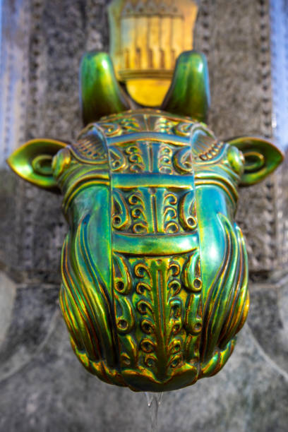 Close up ornamented Zsolnay eozin  drinking fountain