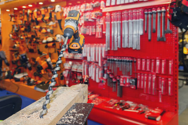 istock Tool for work, repair and construction in store. Wired power tools and battery powered equipment 2152801818