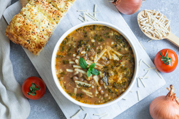 istock Traditional Turkish thin bar shaped dough soup, homemade noodle soup, bacakli corba 2152804710