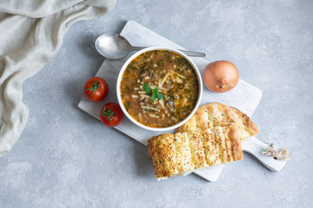 istock Traditional Turkish thin bar shaped dough soup, homemade noodle soup, bacakli corba 2152804712