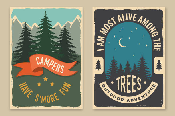 Set of camping retro posters. Vector illustration. Concept for shirt or logo, print, stamp, patch or tee. Vintage typography design with starry night sky, forest and mountain silhouette
