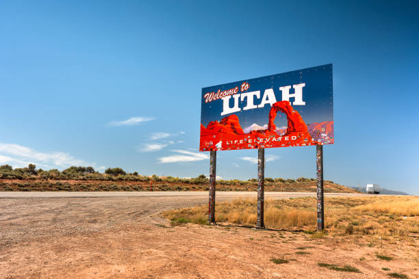 Utah - September 22, 2023:  Welcome to the state of Utah entrance sign on the side of the highway