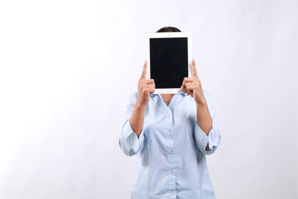 Businesswoman Digital Tablet Face Covered Copy Space Technology Concept
