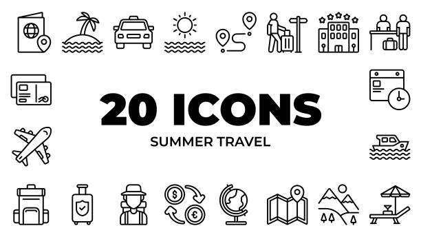 sommerreise-ikone im linienstil. verwandt mit urlaub, urlaub, tourismus-vektorsymbol. - hotelrezeption stock-grafiken, -clipart, -cartoons und -symbole