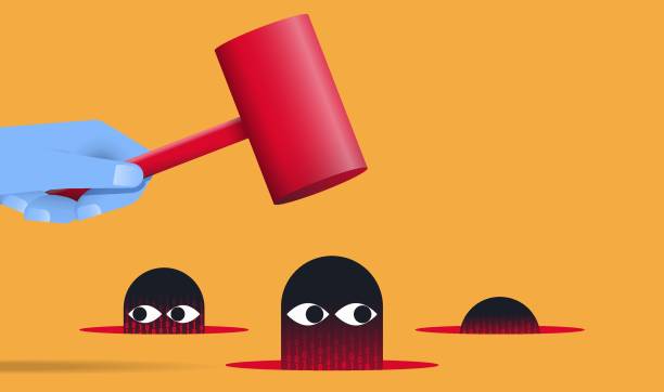 Beating computer viruses by hammer illustration Hand holding hammer beating computer viruses hiding in holes. Hacking, internet security concept. Vector illustration. fraud protection stock illustrations