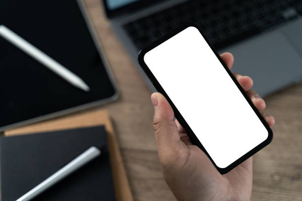 istock new phone Technology smartphone with blank screen and modern frame less design 2152831359
