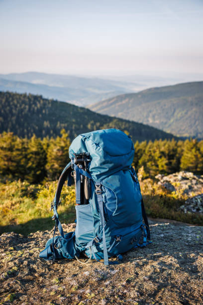 istock Hiking backpack with tripod during trekking in mountain 2152831833