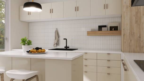 istock Modern, luxury kitchen with ivory cream built in cabinet, cupboard, kitchen island and white tile splashback in sunlight from glass door 2152832306