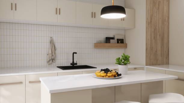 istock Modern, luxury kitchen with ivory cream built in cabinet, cupboard, kitchen island and white tile splashback in sunlight 2152832311