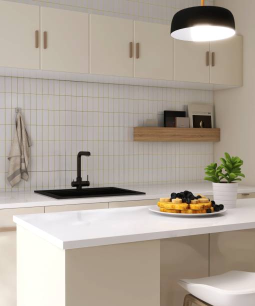 istock Modern, luxury kitchen with ivory cream built in cabinet, cupboard, kitchen island and white tile splashback in sunlight 2152832313