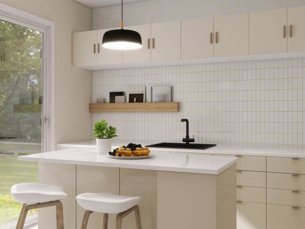 istock Modern, luxury kitchen with ivory cream built in cabinet, cupboard, kitchen island and white tile splashback in sunlight from glass door 2152832314