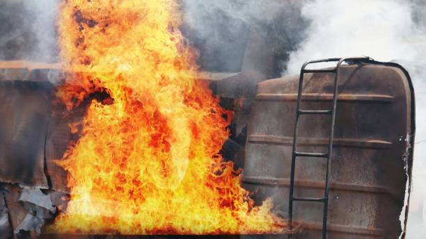istock Fire explosion flammable car fire on street smoke, hot danger flame burning effect. Fire burn car accident disaster conflagration. Arson disaster burning fire flame high heat almost explode. 2152834351