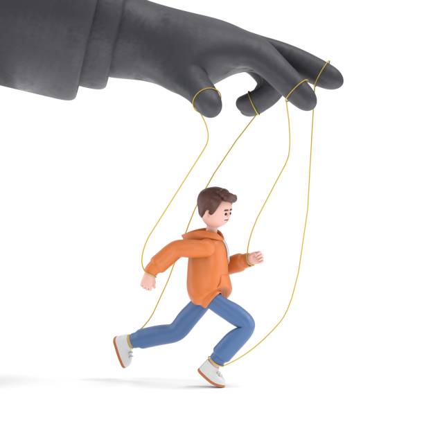 istock Flat 3d isometric style puppeteer business concept web infographics 3D illustration.3D illustration of male guy Qadir puppet and big managing hand. Creative people website conceptual collection. 2152840975