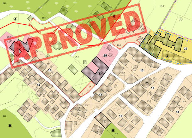 istock Approved imaginary General Urban Plan with indications of urban destinations with buildings, roads, buildable areas and land plot 2152842616