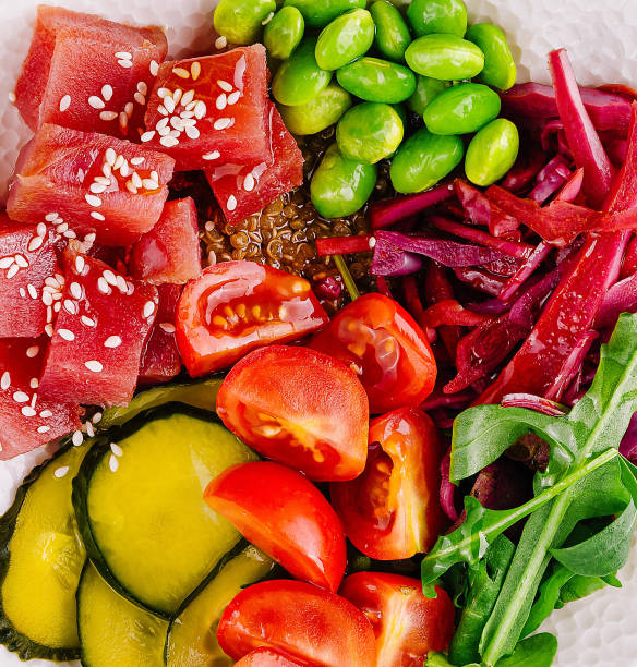 Healthy vegan salad bowl top view close up