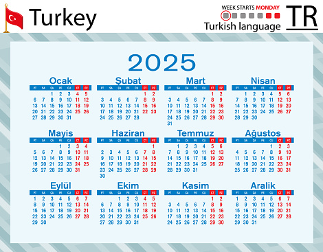Turkish Horizontal Pocket Calendar For 2025 Week Starts Monday Stock