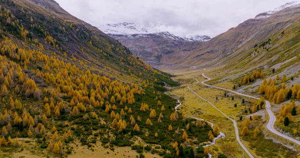 Aerial view of river flowing in valley below mountains in autumn, snowcapped mountains above