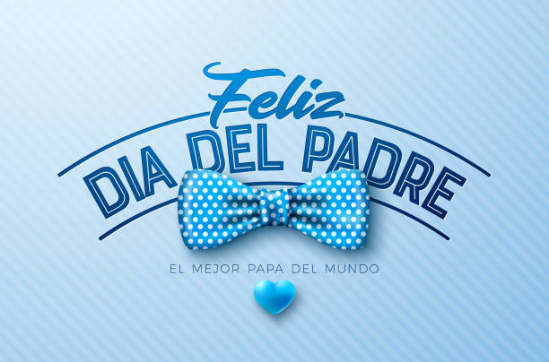illustrazioni stock, clip art, cartoni animati e icone di tendenza di happy father's day greeting card design with dotted bow tie and heart on dark blue background. feliz dia del padre spanish language vector illustration for loved and best dad. template for banner, post card, flyer, invitation, poster. - festa del papà