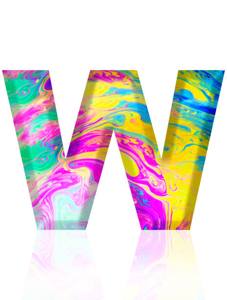 Close-up of three-dimensional multi colored bubble alphabet letter W on white background.