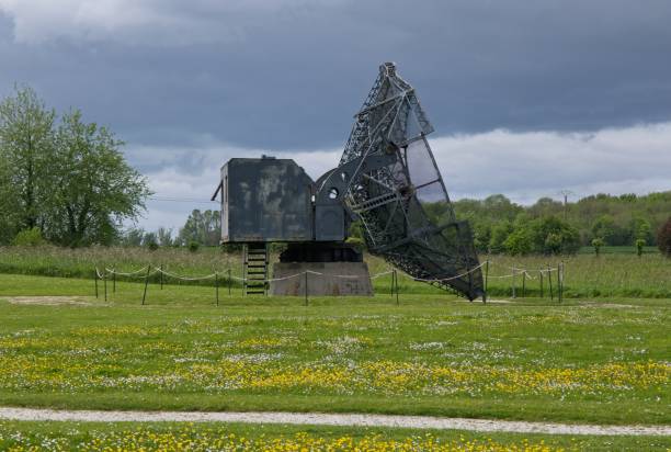 Douvres-la-Delivrande, France - May 2, 2024: German Station Radar complex in Douvres-la-Delivrande during Second World War. Wurzburg-Riese radar and many bunkers. Cloudy spring day. Selective focus.