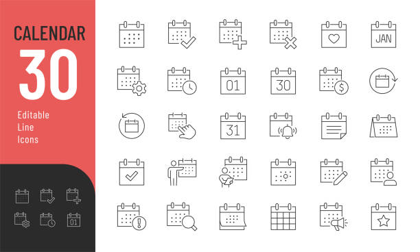 Calendar Editable Icons set. Vector illustration in modern thin line style of date related icons: event, planning, remainder, and more. Pictograms and infographics for mobile apps calander icon stock illustrations