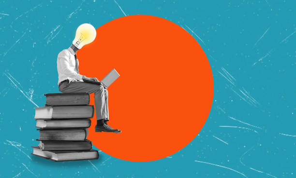 istock A man with a laptop sits on a stack of books. Artistic and modern art collage. 2152863082