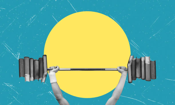 istock Man lifting a fingerboard or barbell with books. Artistic collage. Modern art collage. 2152863117