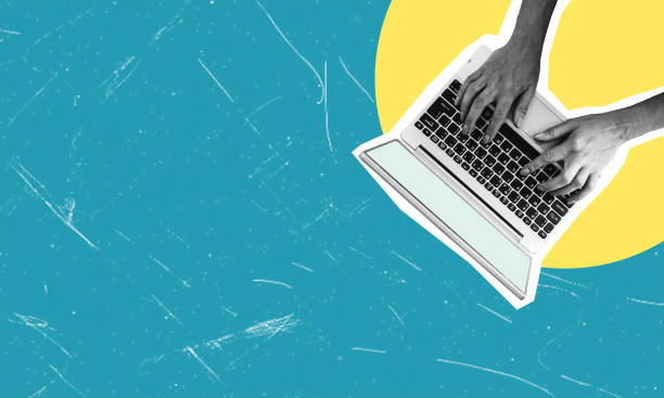 istock Online education, remote work. Young man manager or clerk with laptop on blue background. Contemporary art collage. 2152863124