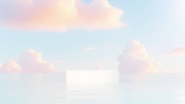 istock Premium 3D | Abstract minimalistic design featuring an empty podium in a serene pond, set against a backdrop of a blue-orange sky for product demonstration. 2152867238