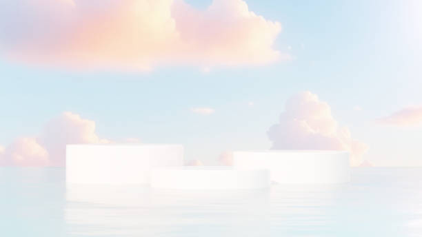 istock Premium 3D | Abstract minimalistic design featuring an empty podium in a serene pond, set against a backdrop of a blue-orange sky for product demonstration. 2152867239