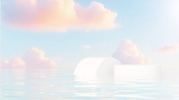 istock Premium 3D | Abstract minimalistic design featuring an empty podium in a serene pond, set against a backdrop of a blue-orange sky for product demonstration. 2152867257