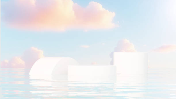 istock Premium 3D | Abstract minimalistic design featuring an empty podium in a serene pond, set against a backdrop of a blue-orange sky for product demonstration. 2152867263